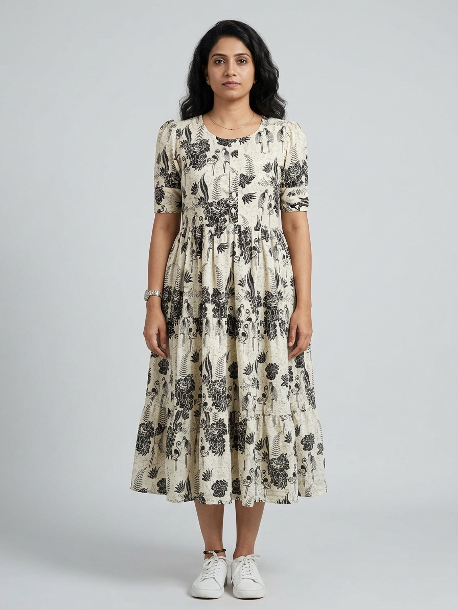Beige & Black Botanical Flamingo Printed Rayon Tiered Frock Kurti.
