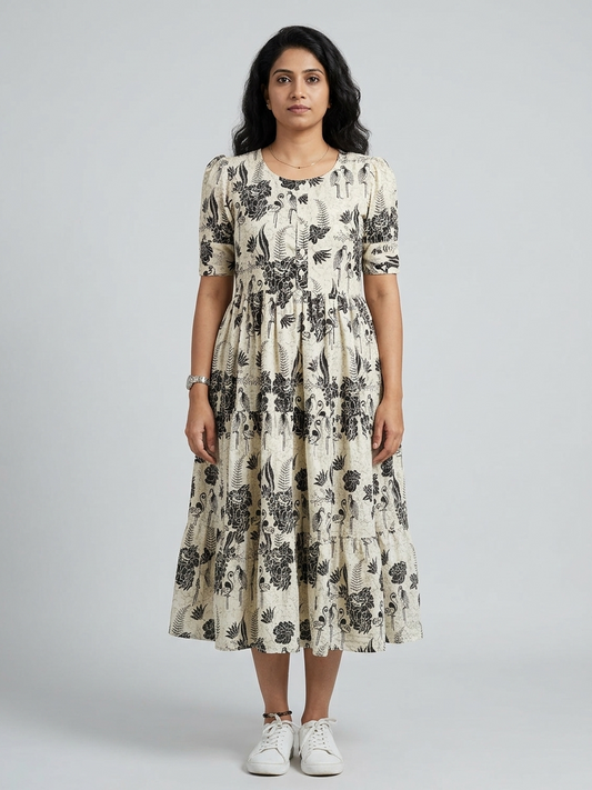 Beige & Black Botanical Flamingo Printed Rayon Tiered Frock Kurti.