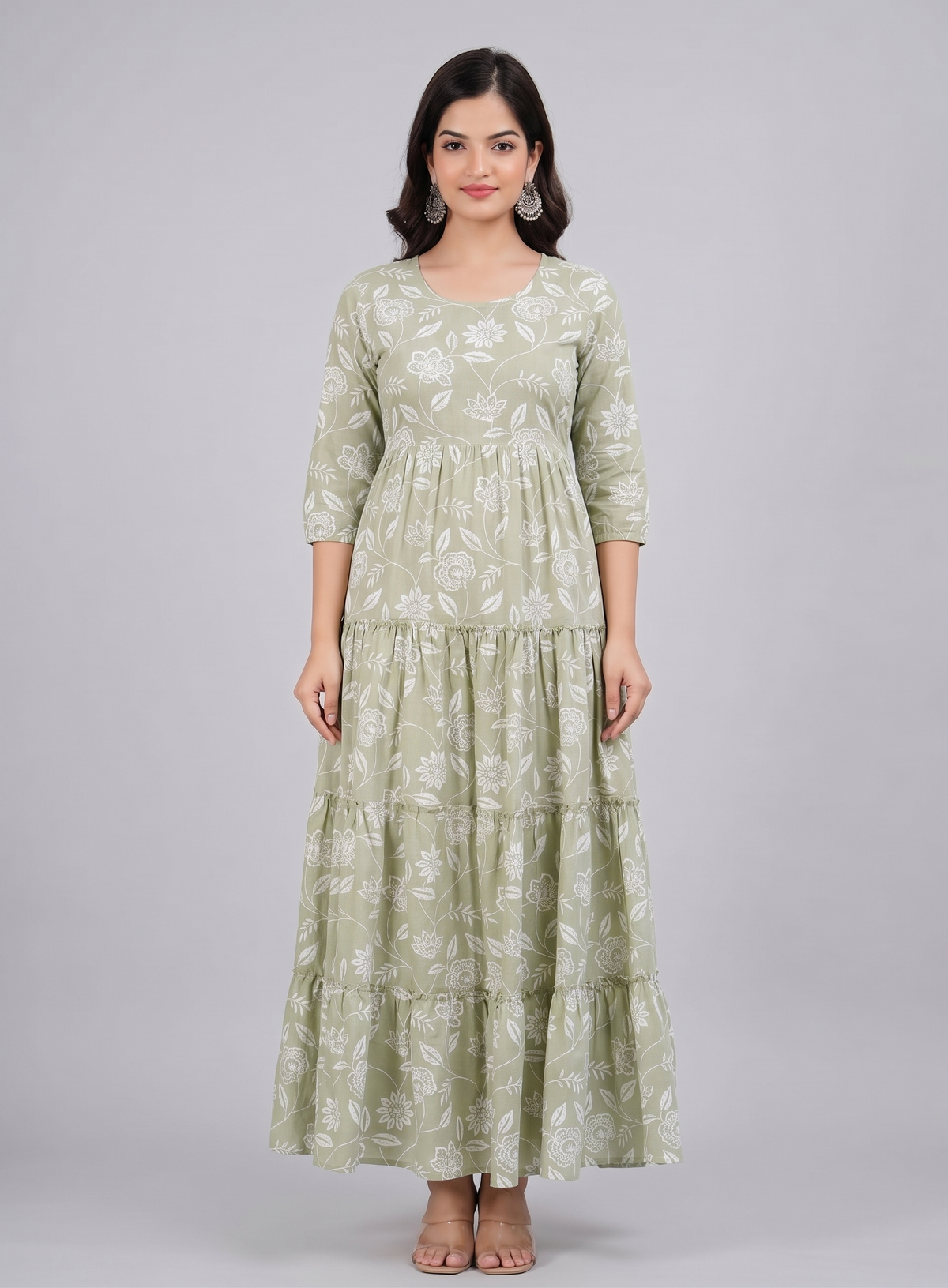 Women Sage Green Floral Printed Rayon Tiered Anarkali Kurti / Gown