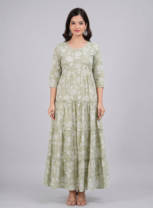 Women Sage Green Floral Printed Rayon Tiered Anarkali Kurti / Gown