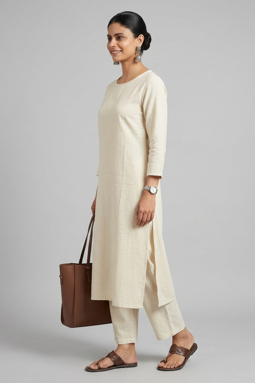 Women White Cotton Slub Straight Kurta with Trousers