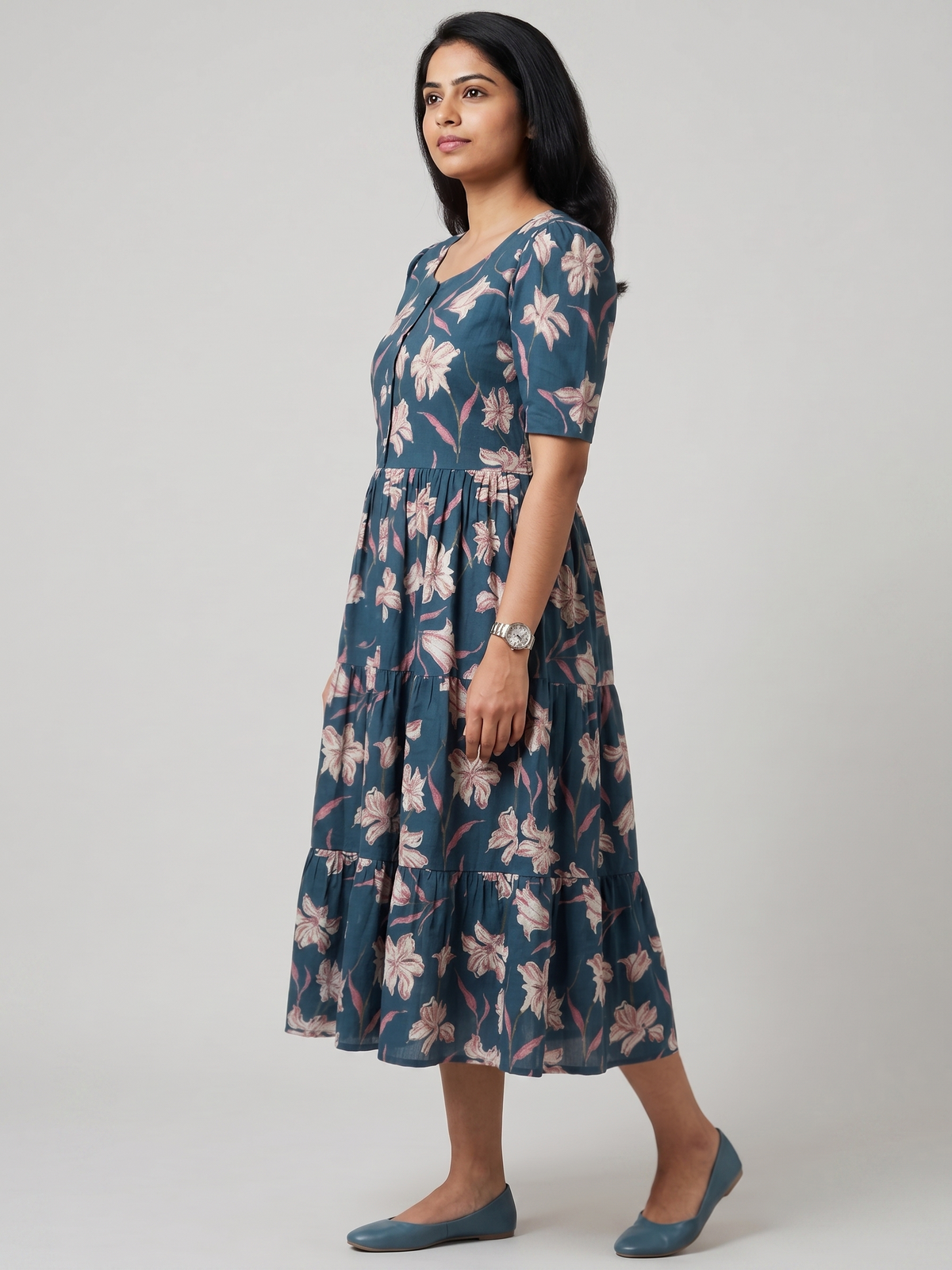 Women Teal Blue Floral Printed Rayon Tiered Long Frock Kurti.