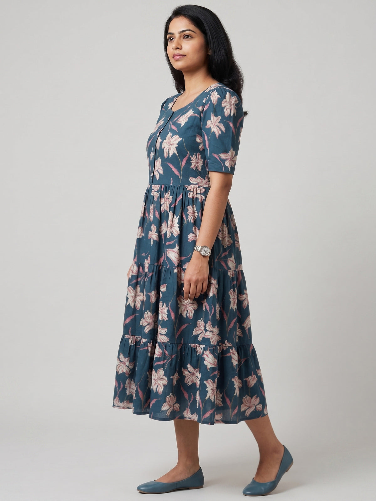 Women Teal Blue Floral Printed Rayon Tiered Long Frock Kurti.