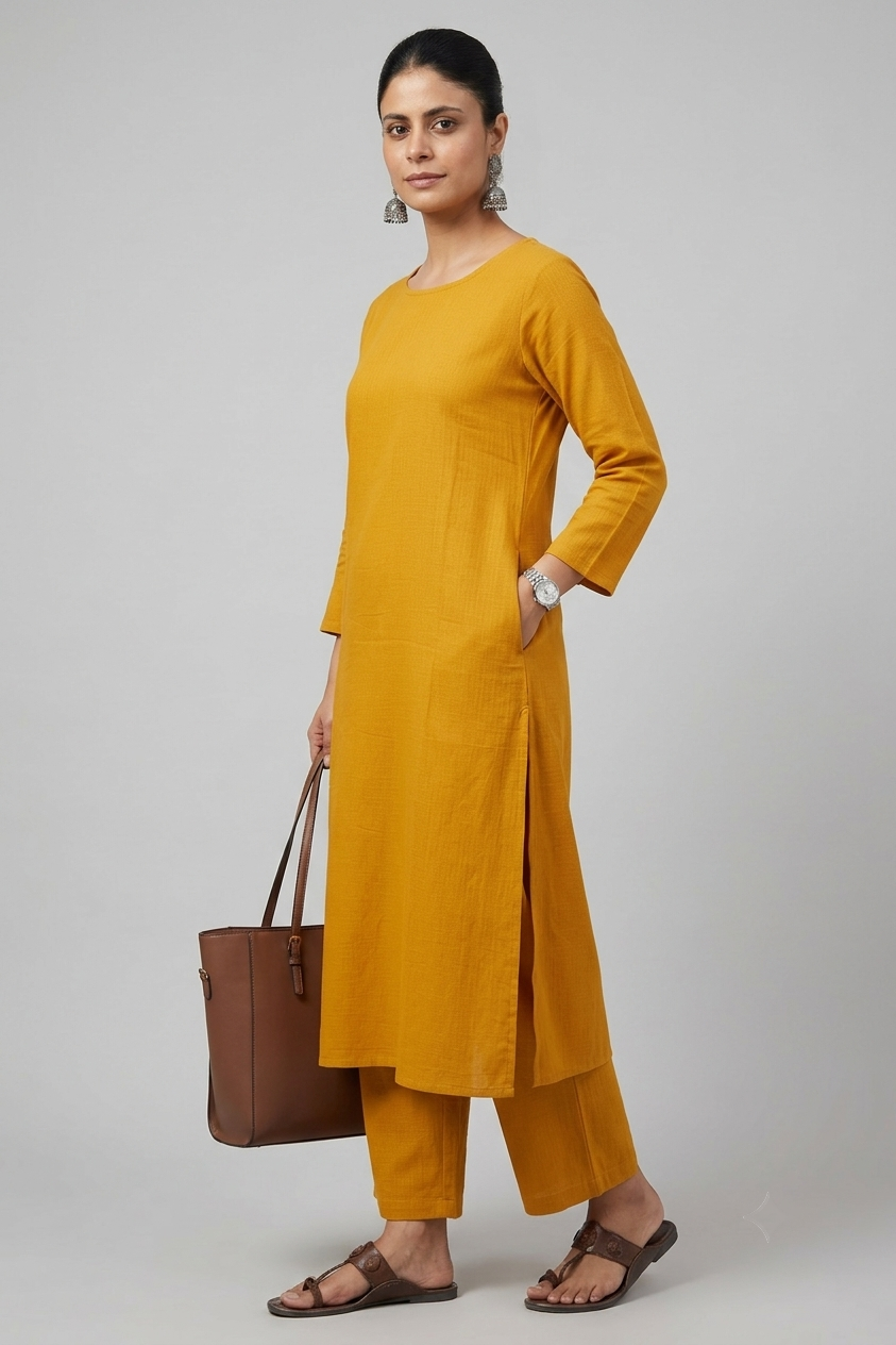 Women Yellow Cotton Slub Straight Kurta with Trousers