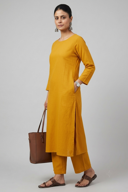 Women Yellow Cotton Slub Straight Kurta with Trousers