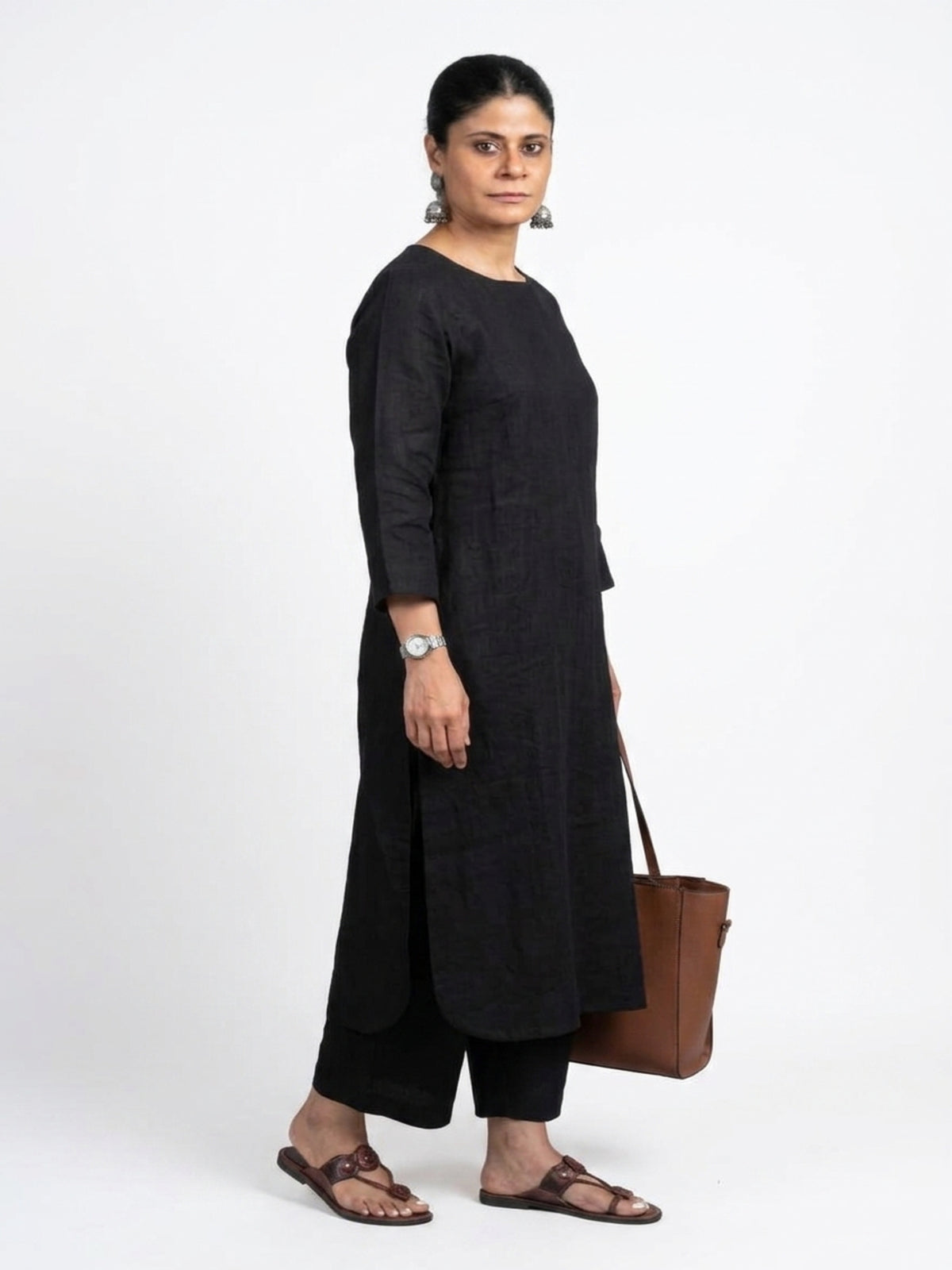 Women Black Cotton Slub Straight Kurta with Trousers