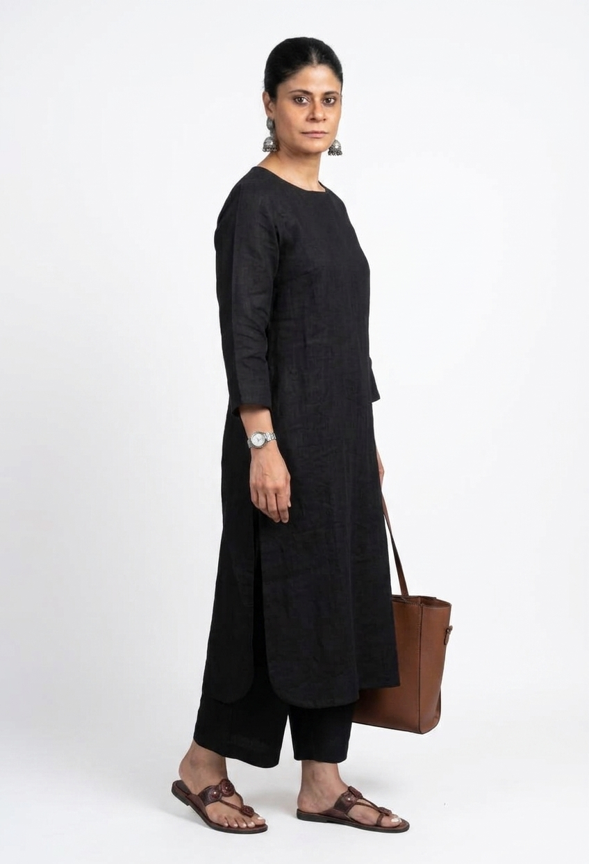 Women Black Cotton Slub Straight Kurta with Trousers