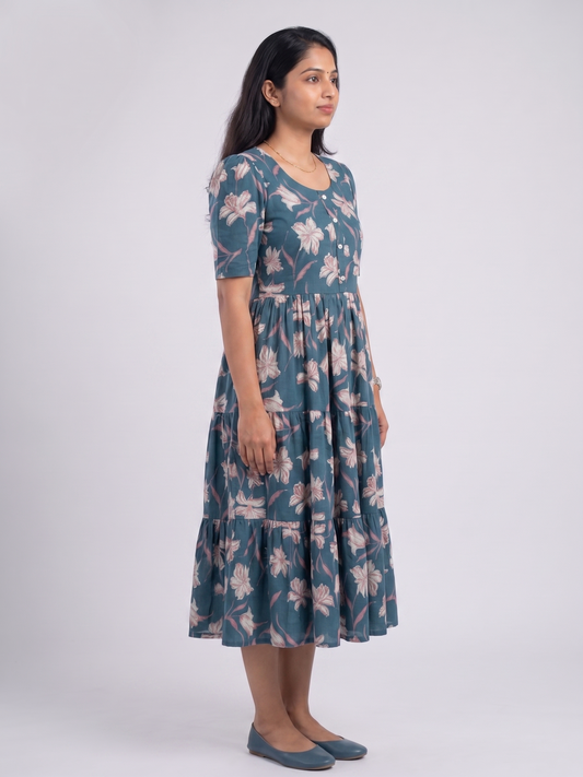 Women Teal Blue Floral Printed Rayon Tiered Long Frock Kurti.