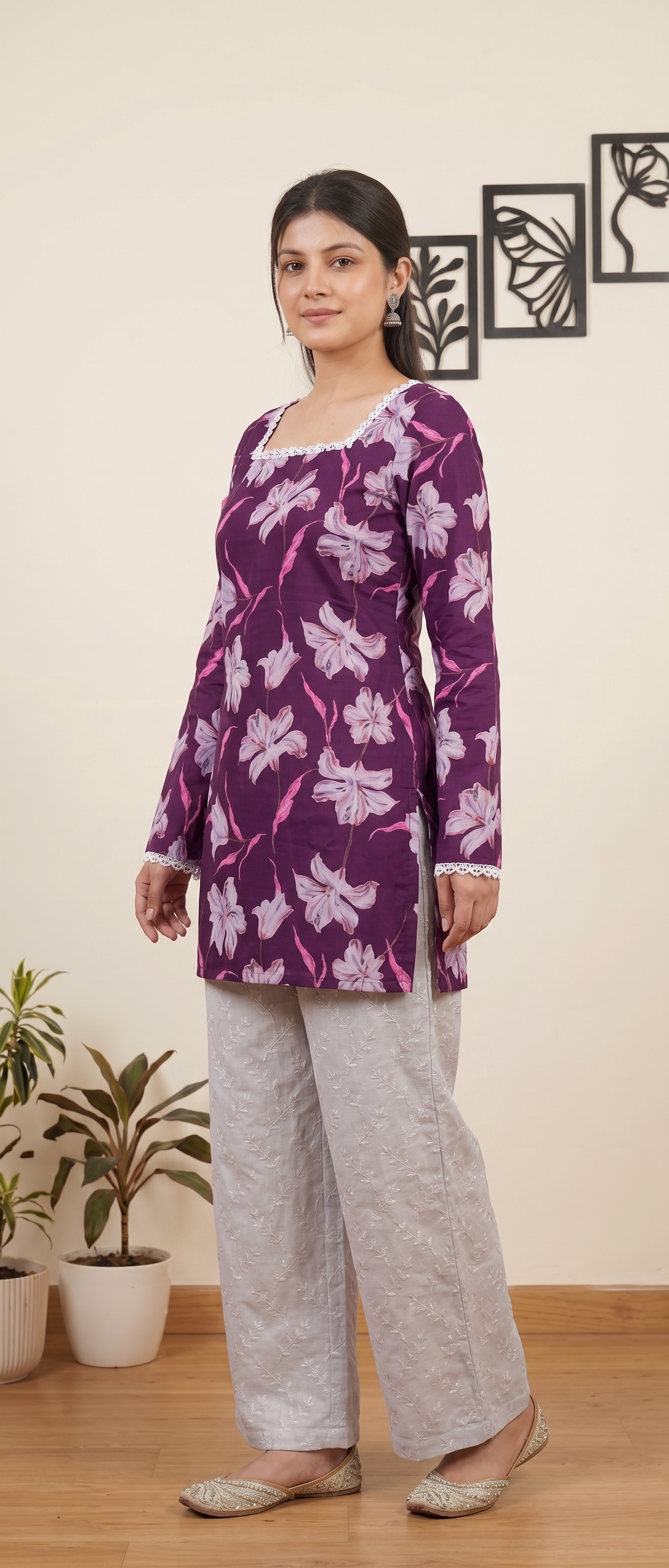 Women Purple Floral Printed Rayon Designer Top with Back Dori & Lace Border