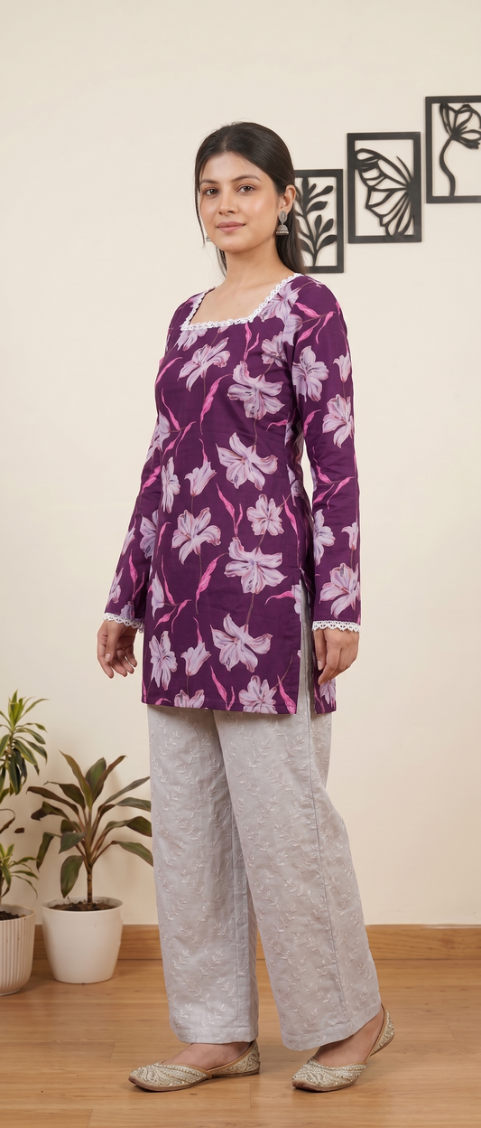 Women Purple Floral Printed Rayon Designer Top with Back Dori & Lace Border