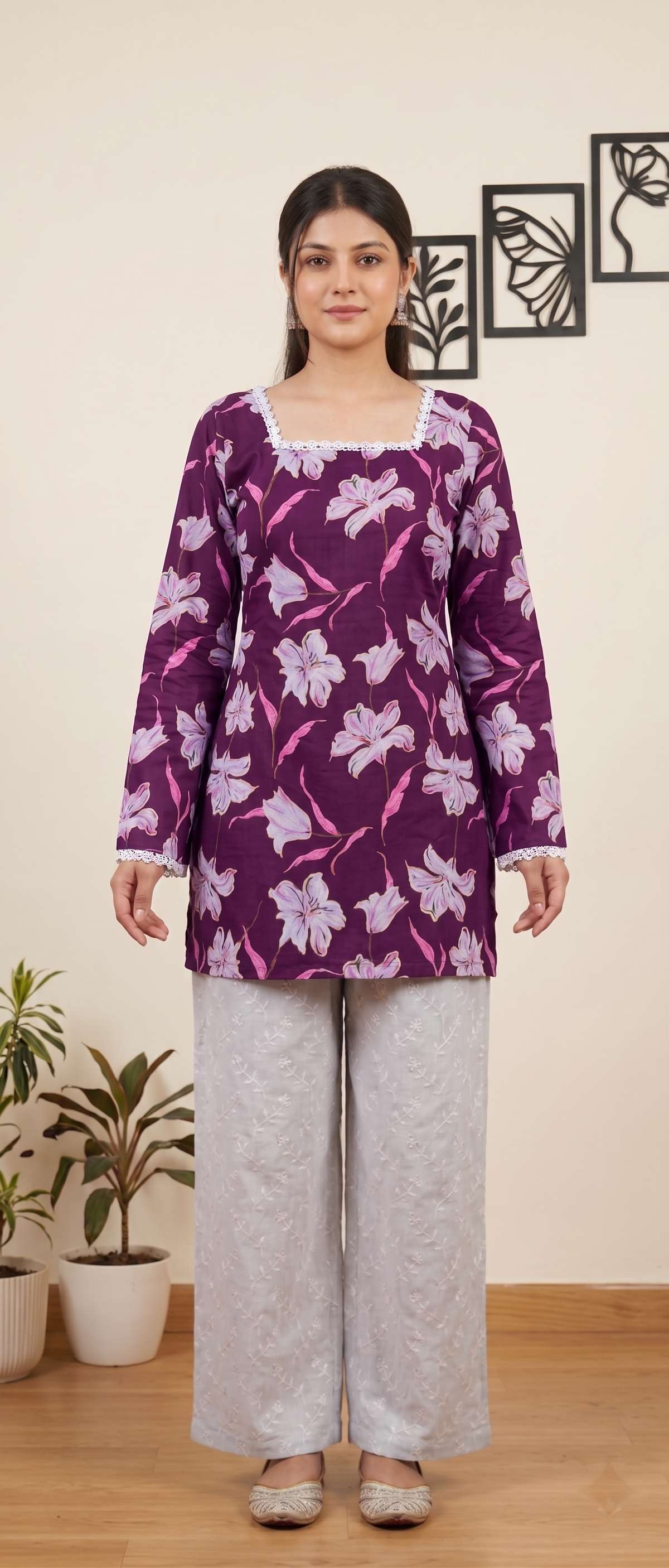 Women Purple Floral Printed Rayon Designer Top with Back Dori & Lace Border
