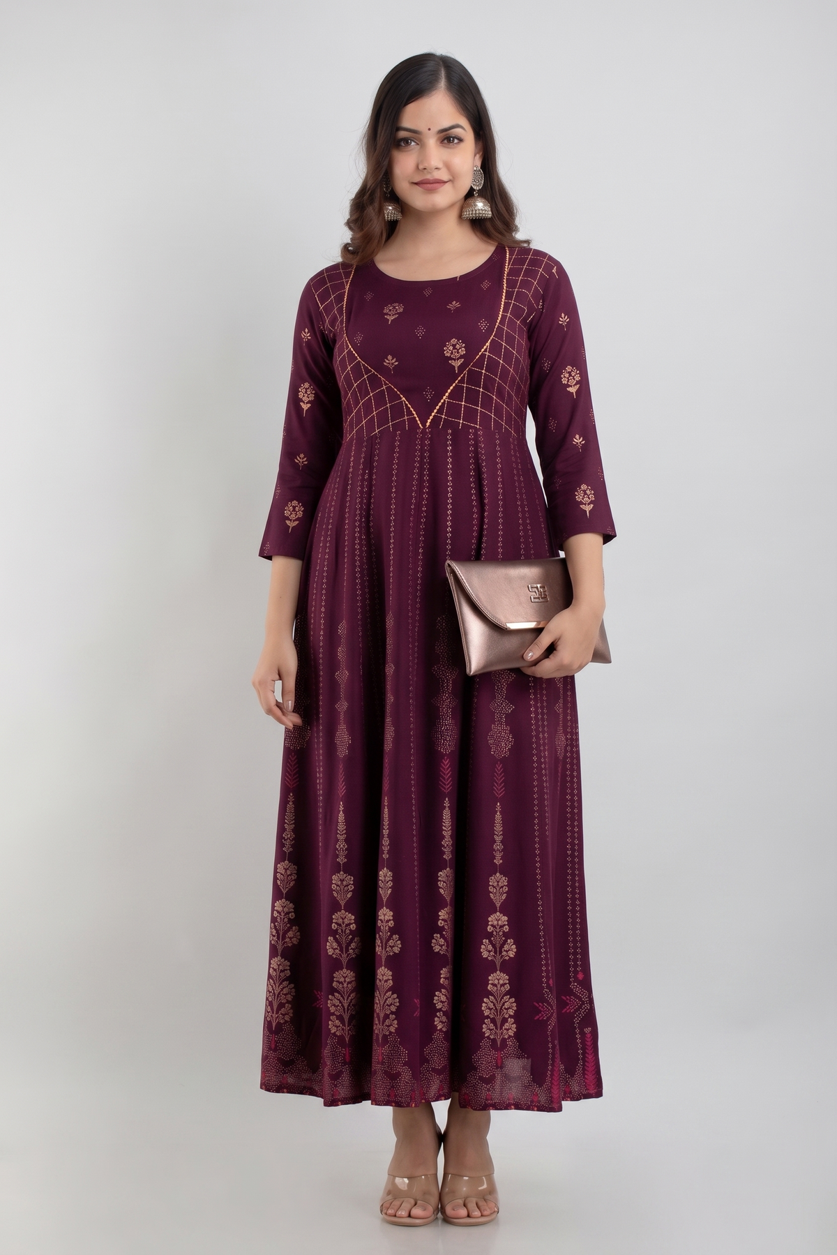 Women Maroon Floral Printed Rayon Tiered Anarkali Kurti / Gown