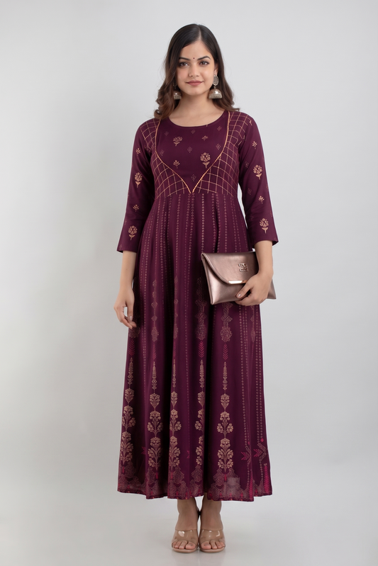 Women Maroon Floral Printed Rayon Tiered Anarkali Kurti / Gown