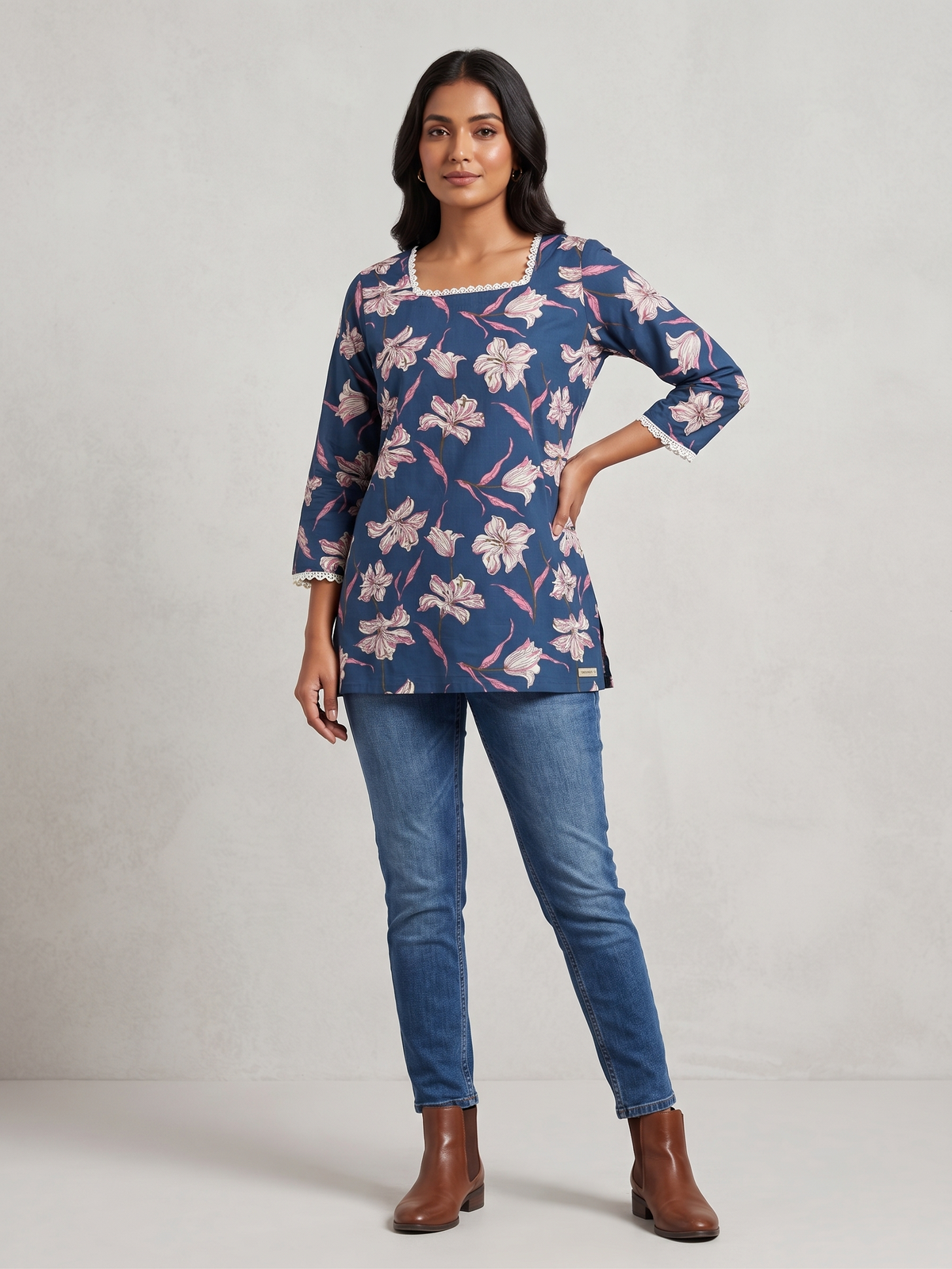 Women Blue Floral Printed Rayon Designer Top with Back Dori & Lace Detailing