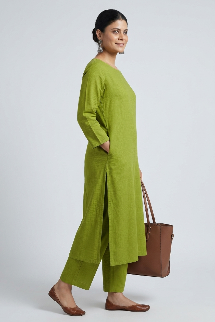 Women Green Cotton Slub Straight Kurta with Trousers