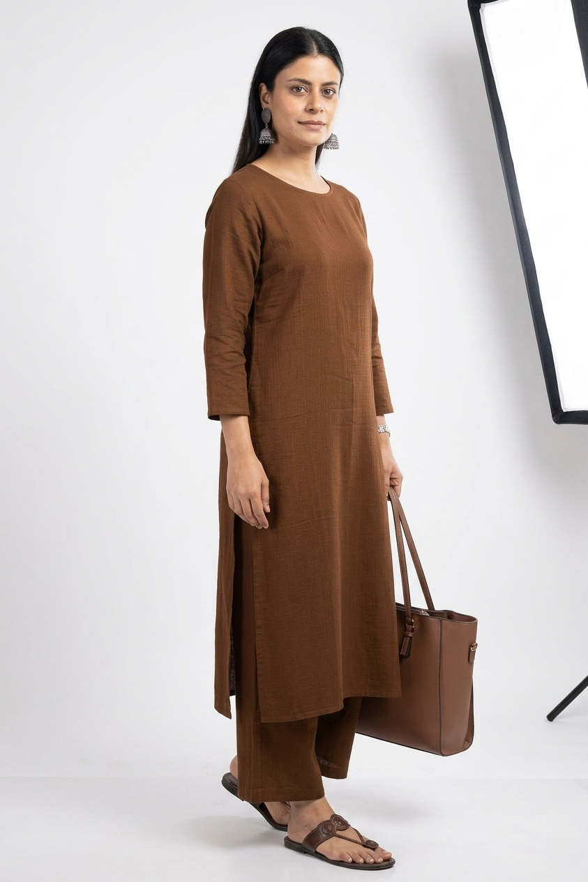 Women Brown Cotton Slub Straight Kurta with Trousers