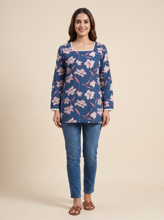 Women Blue Floral Printed Rayon Designer Top with Back Dori & Lace Detailing