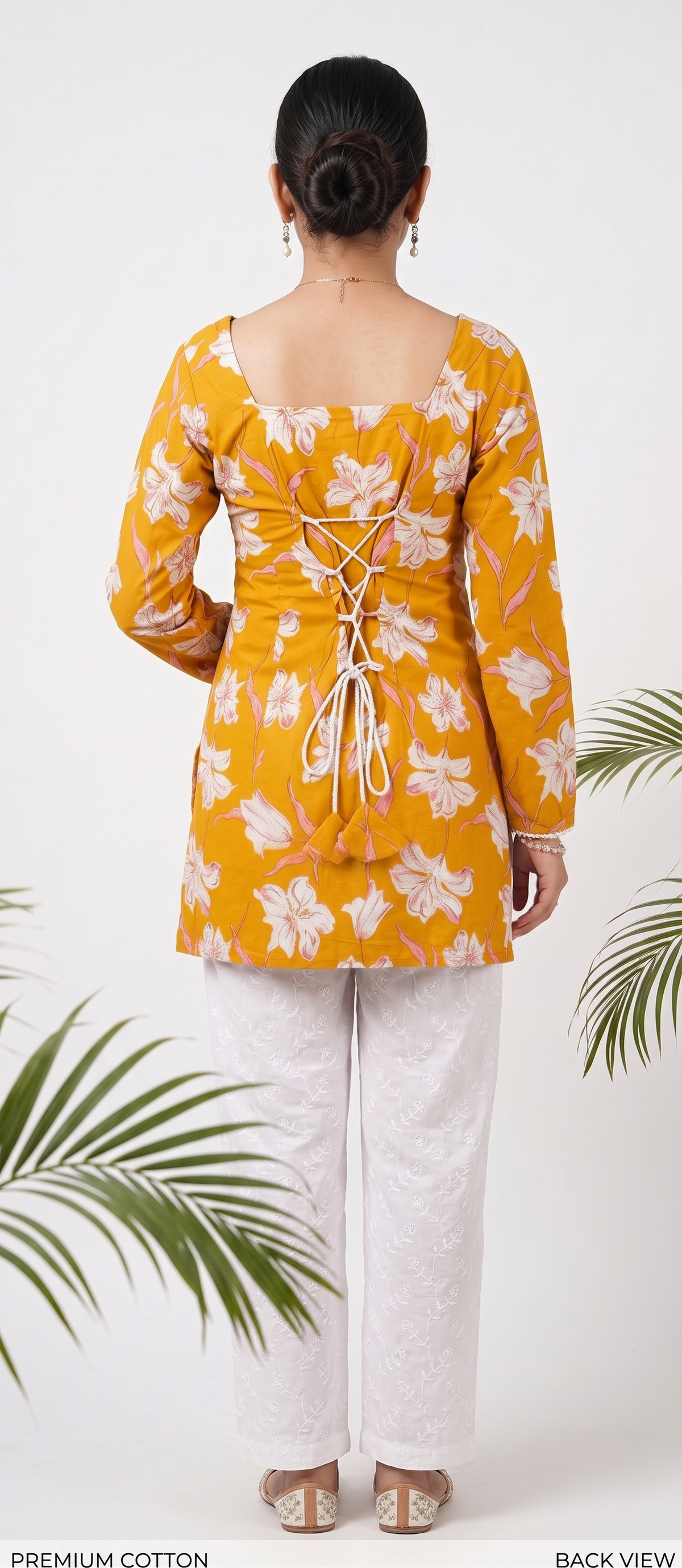Women  Yellow Floral Printed Rayon Designer Top with Back Dori & Lace Border