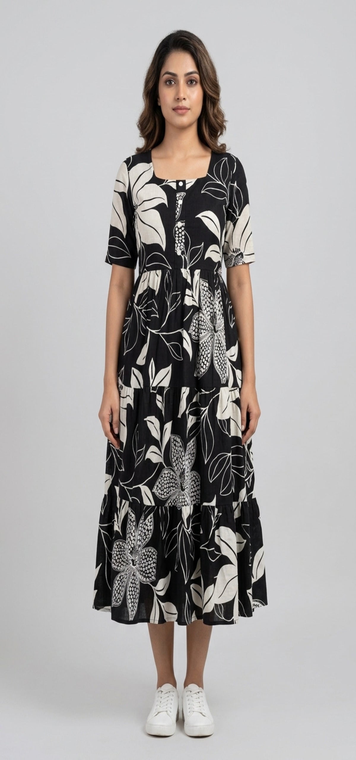 Women Black & Off-White Floral Printed Rayon Tiered  Long Frock Kurti.