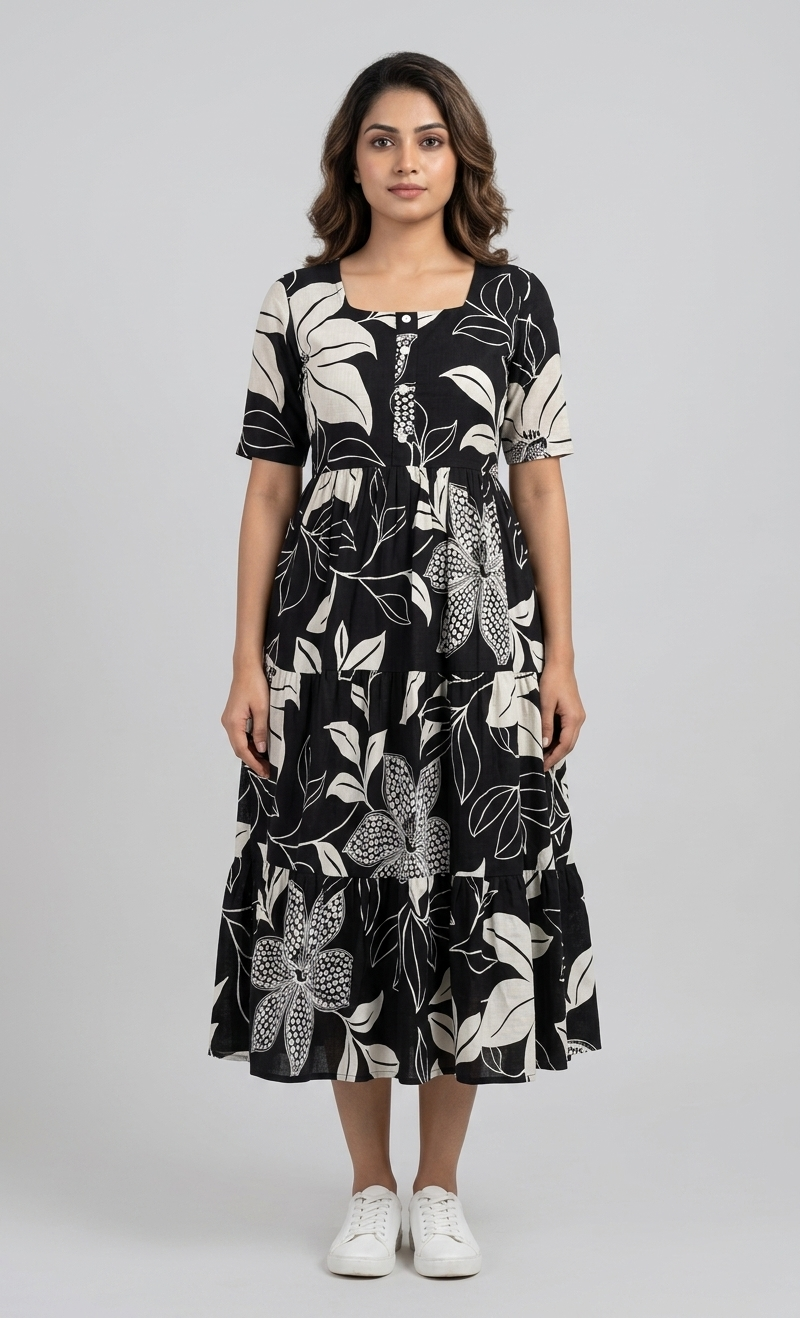 Women Black & Off-White Floral Printed Rayon Tiered  Long Frock Kurti.
