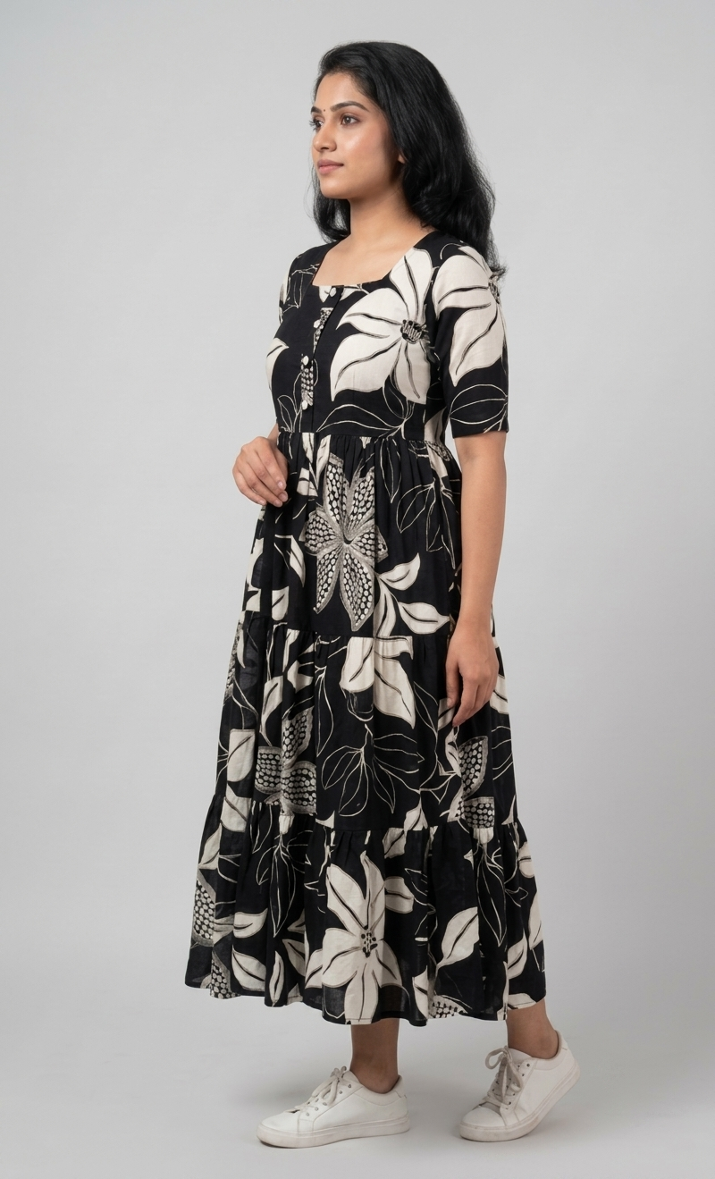 Women Black & Off-White Floral Printed Rayon Tiered  Long Frock Kurti.