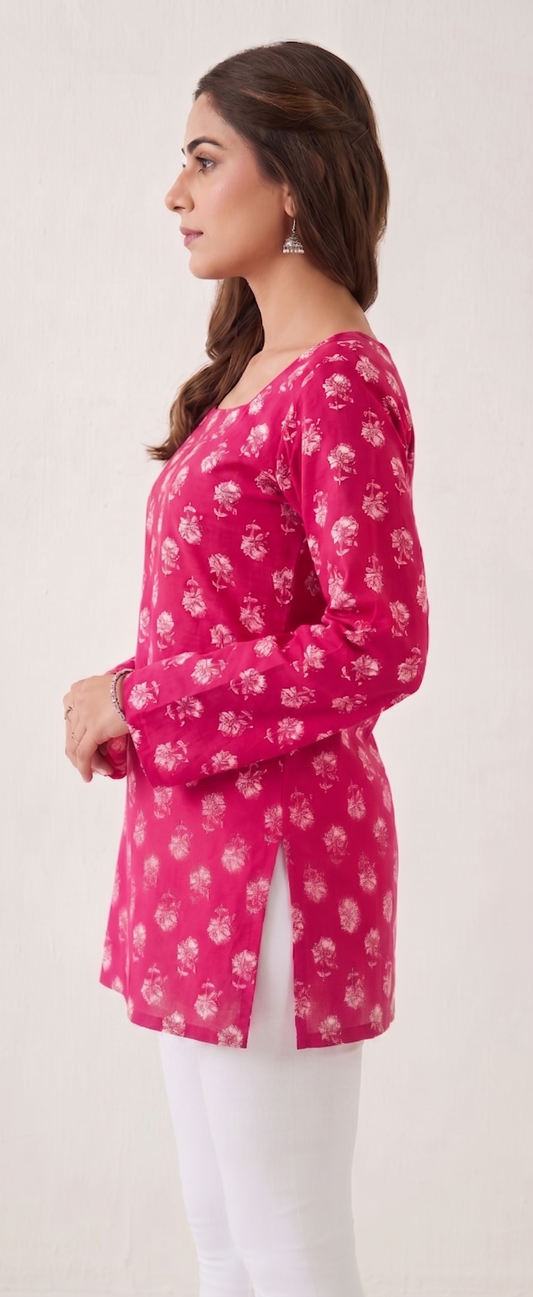 Women Rani Pink Floral Printed Rayon Designer Top with Back Dori & Square Neck