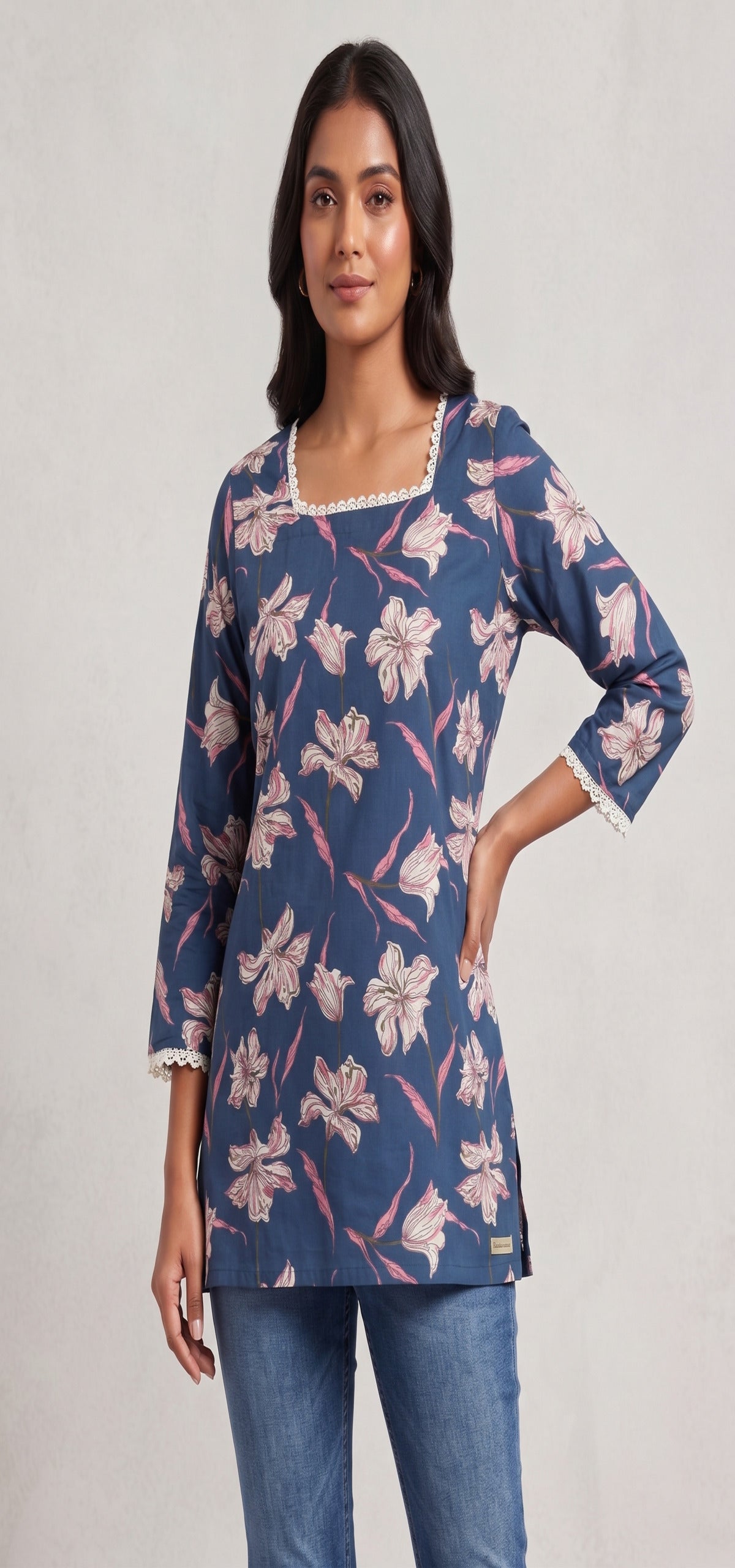 Women Blue Floral Printed Rayon Designer Top with Back Dori & Lace Detailing
