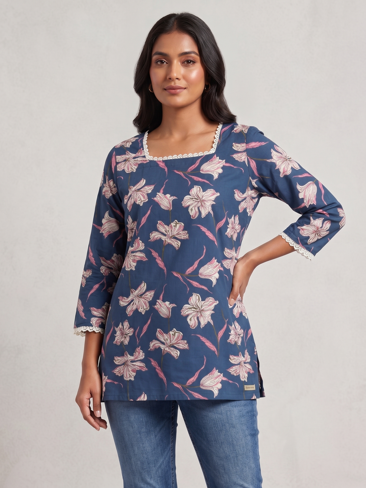 Women Blue Floral Printed Rayon Designer Top with Back Dori & Lace Detailing