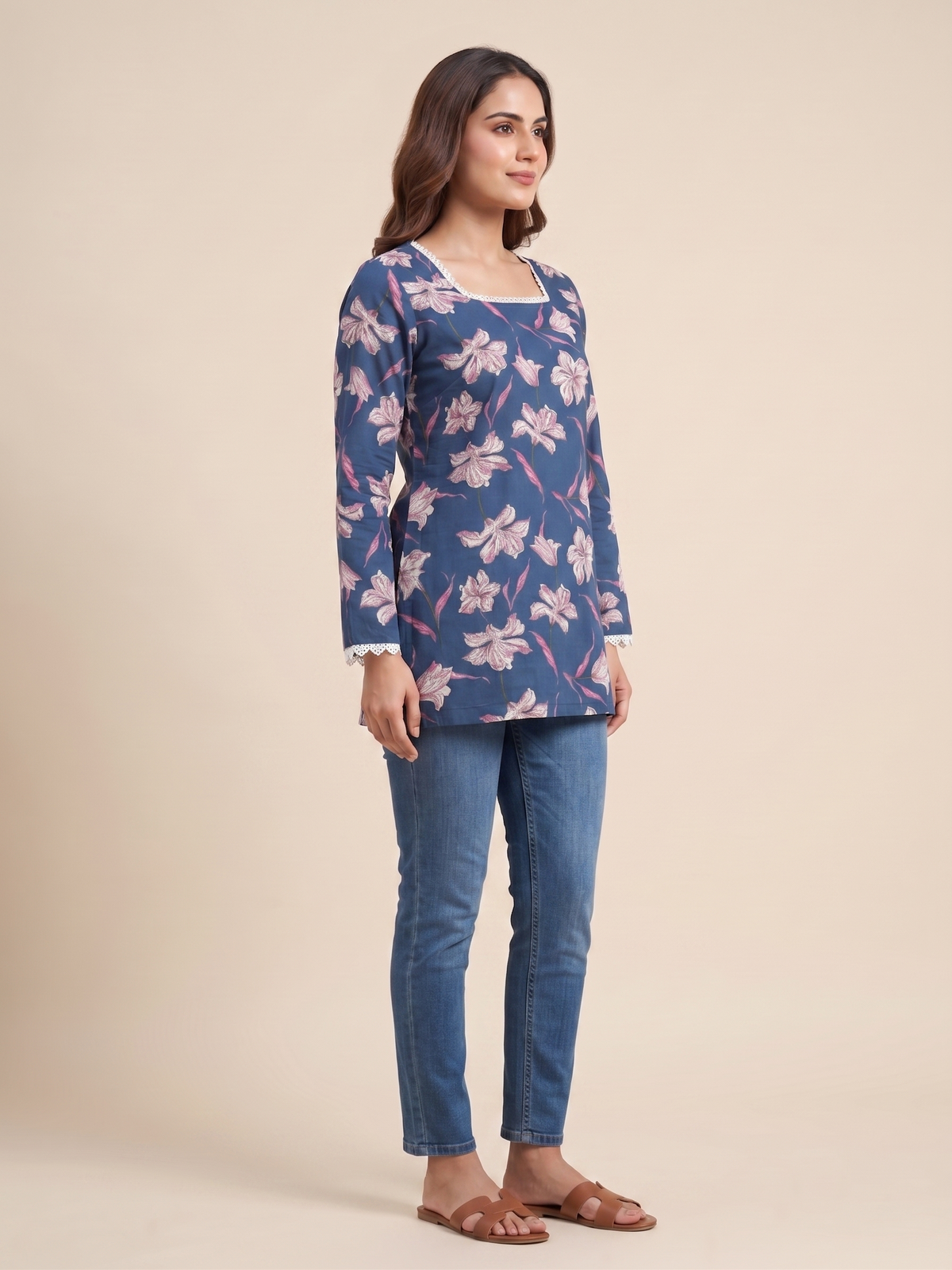 Women Blue Floral Printed Rayon Designer Top with Back Dori & Lace Detailing
