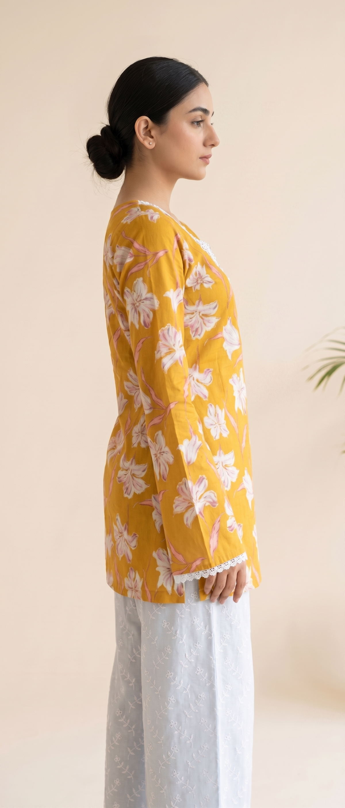 Women  Yellow Floral Printed Rayon Designer Top with Back Dori & Lace Border