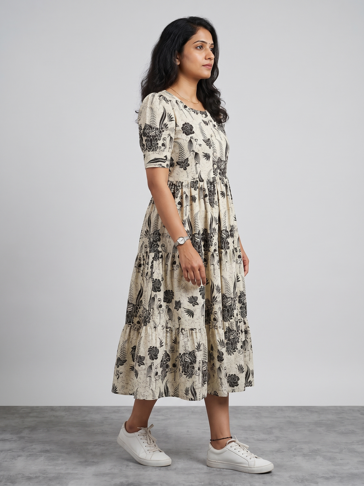 Beige & Black Botanical Flamingo Printed Rayon Tiered Frock Kurti.