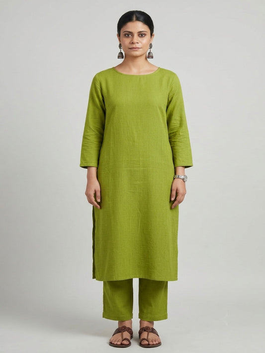Women Green Cotton Slub Straight Kurta with Trousers