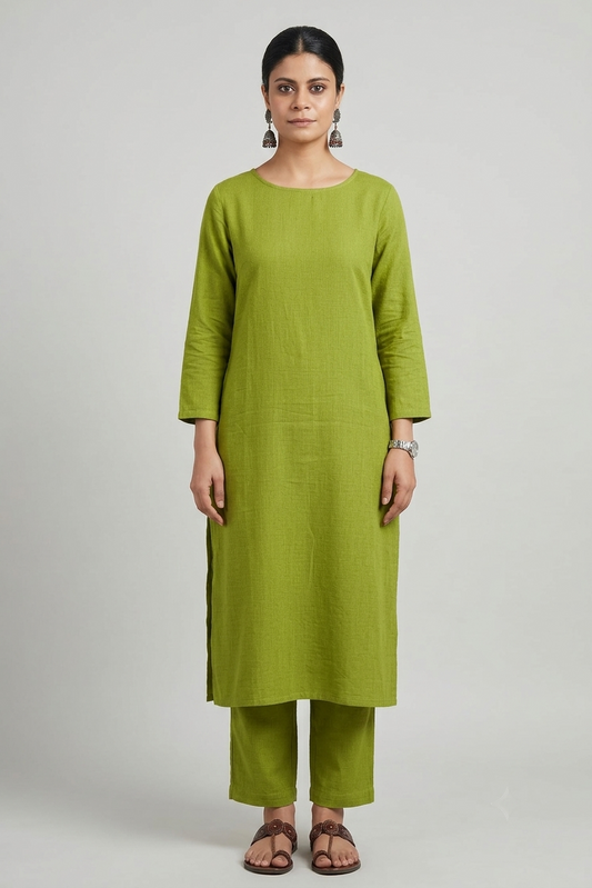 Women Green Cotton Slub Straight Kurta with Trousers