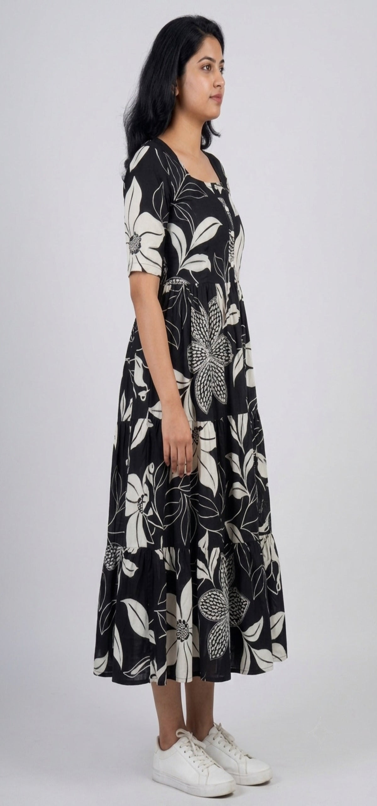 Women Black & Off-White Floral Printed Rayon Tiered  Long Frock Kurti.