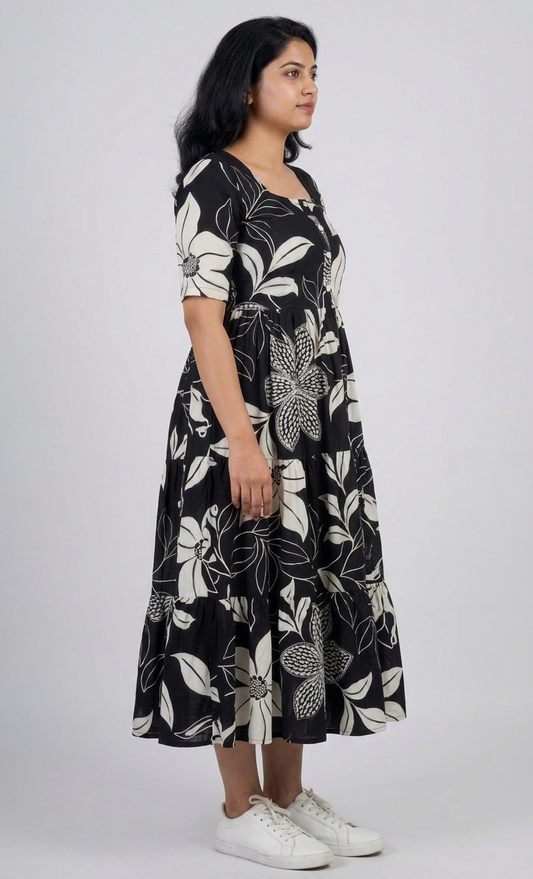 Women Black & Off-White Floral Printed Rayon Tiered  Long Frock Kurti.
