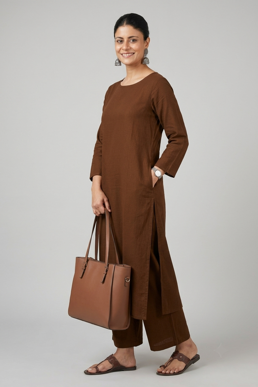 Women Brown Cotton Slub Straight Kurta with Trousers
