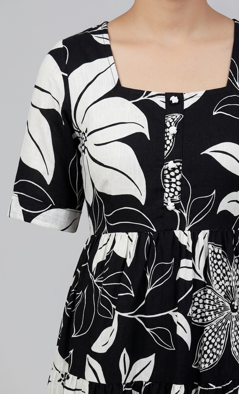 Women Black & Off-White Floral Printed Rayon Tiered  Long Frock Kurti.