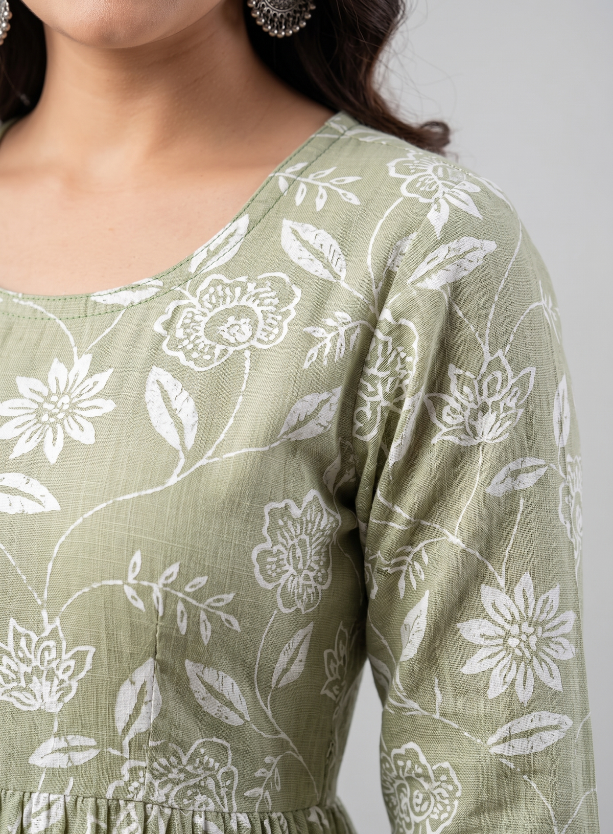 Women Sage Green Floral Printed Rayon Tiered Anarkali Kurti / Gown