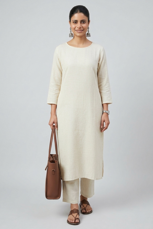 Women White Cotton Slub Straight Kurta with Trousers