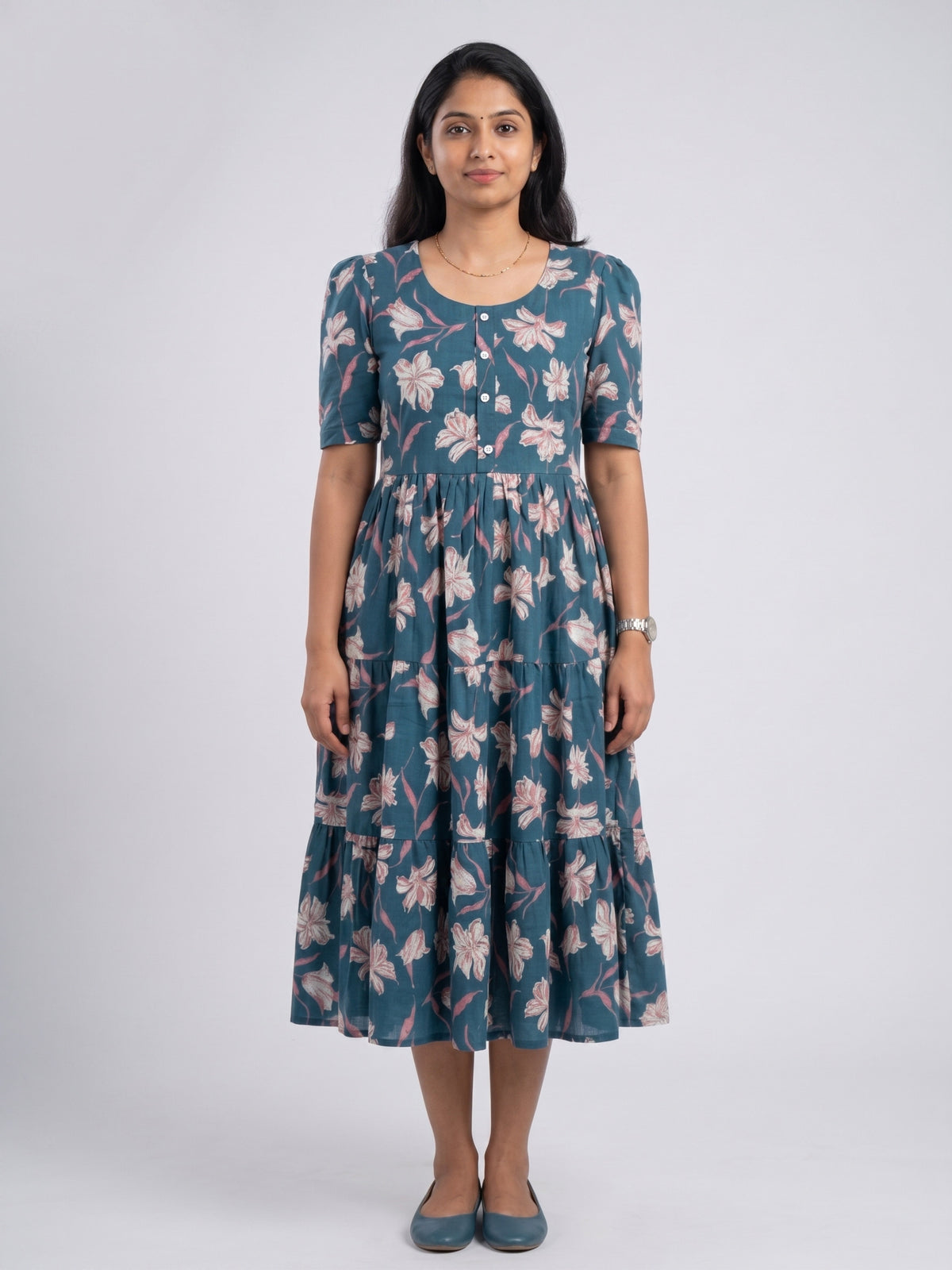 Women Teal Blue Floral Printed Rayon Tiered Long Frock Kurti.