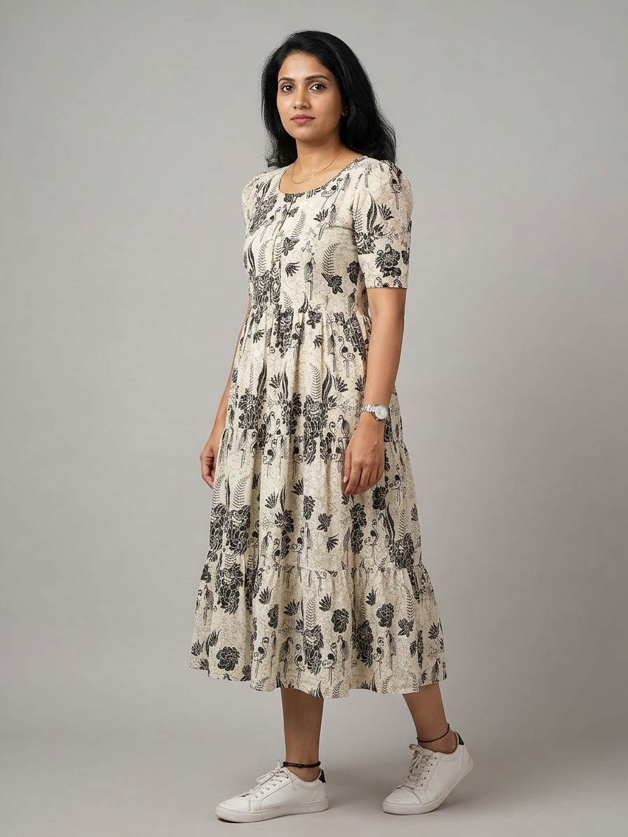 Beige & Black Botanical Flamingo Printed Rayon Tiered Frock Kurti.