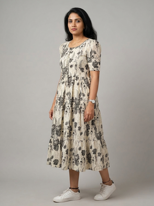 Beige & Black Botanical Flamingo Printed Rayon Tiered Frock Kurti.