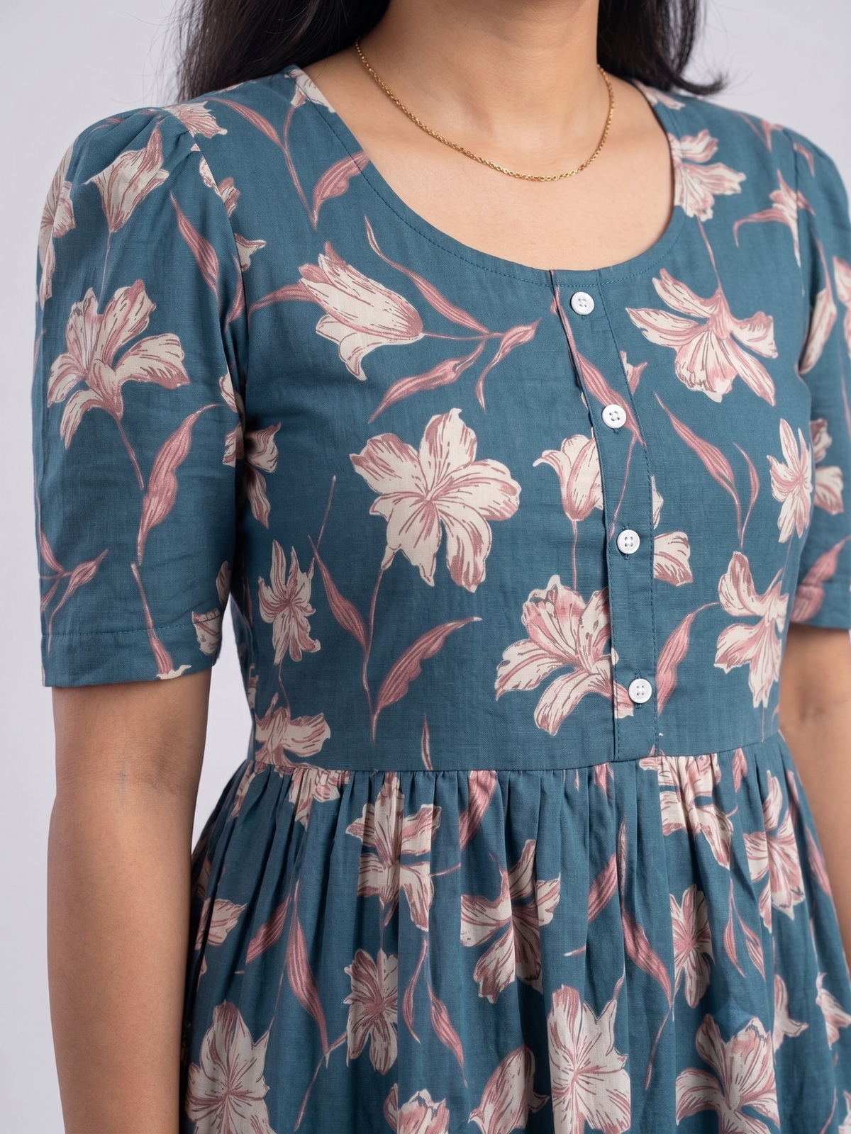 Women Teal Blue Floral Printed Rayon Tiered Long Frock Kurti.