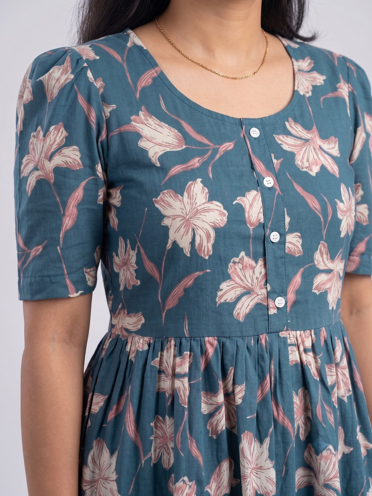 Women Teal Blue Floral Printed Rayon Tiered Long Frock Kurti.