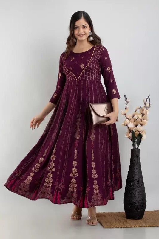 Women Maroon Floral Printed Rayon Tiered Anarkali Kurti / Gown