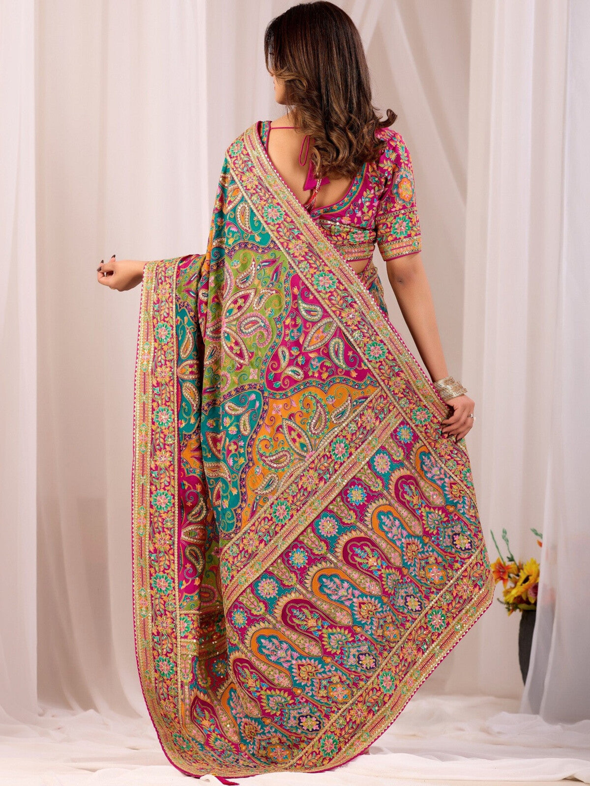 Multicoloured Modal Silk Embroidered Saree.