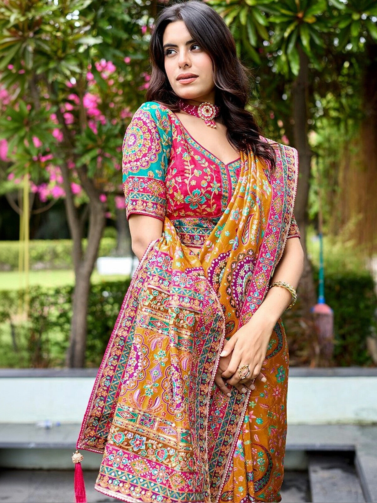 Paisley Embroidered Designer Mustard Saree.