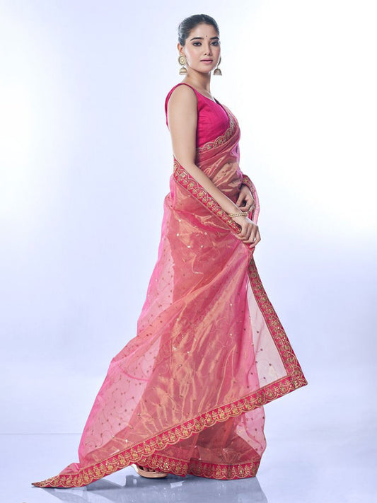 Pink Net Embellished Saree.