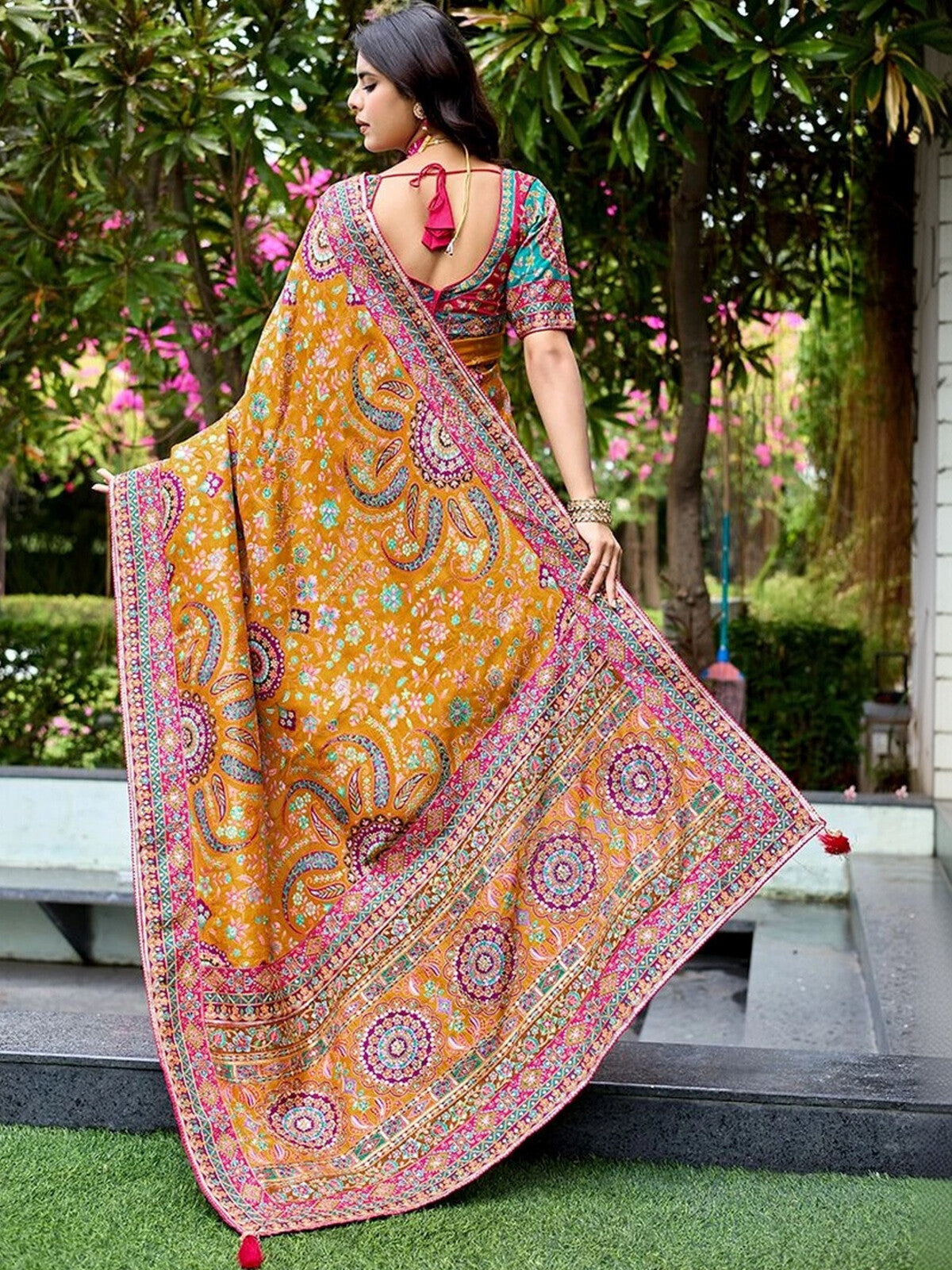 Paisley Embroidered Designer Mustard Saree.