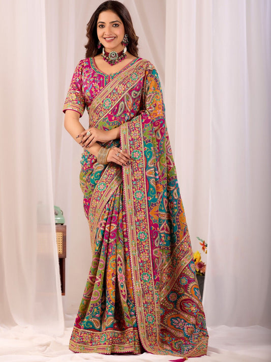 Multicoloured Modal Silk Embroidered Saree.